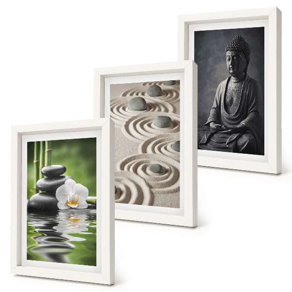 Composizione di 3 quadri Vista rilassante di Buddha, pietre sulla spiaggia e bambù