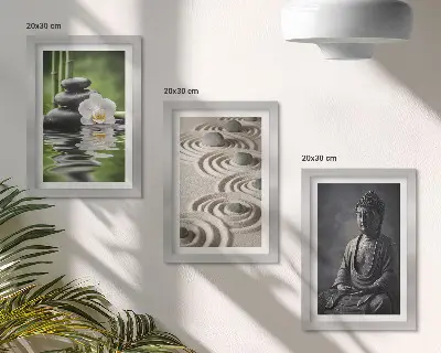 Composizione di 3 quadri con vista rilassante di Buddha, pietre sulla spiaggia e bambù