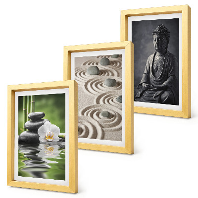 Composizione di 3 quadri Vista rilassante di Buddha, pietre sulla spiaggia e bambù