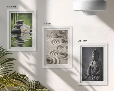 Composizione di 3 quadri con vista rilassante di Buddha, pietre sulla spiaggia e bambù