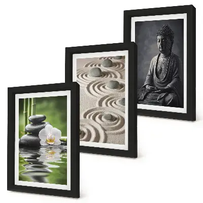 Composizione di 3 quadri con vista rilassante di Buddha, pietre sulla spiaggia e bambù