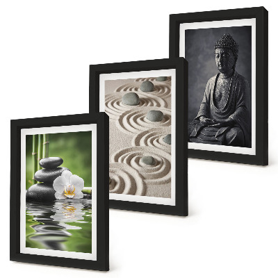 Composizione di 3 quadri Vista rilassante di Buddha, pietre sulla spiaggia e bambù