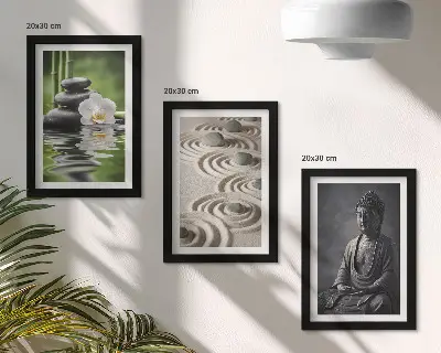 Composizione di 3 quadri con vista rilassante di Buddha, pietre sulla spiaggia e bambù