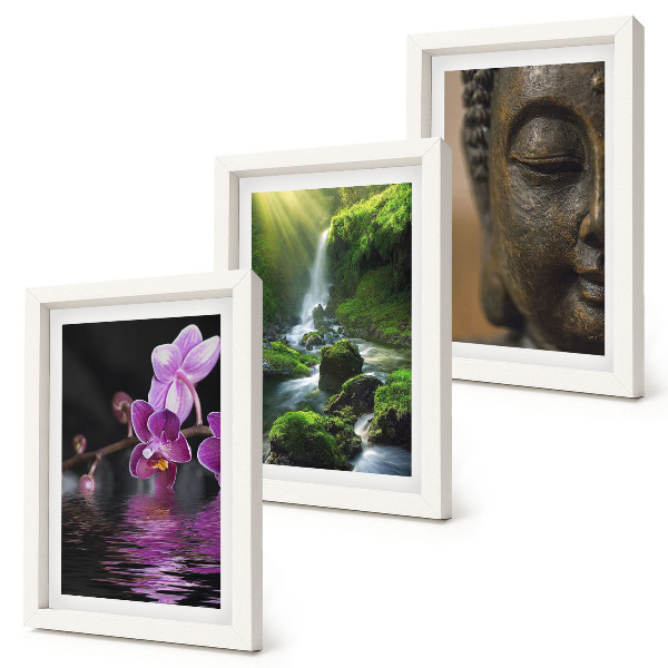 Trittico incorniciato Fiori nella cascata d'acqua con rocce verdi Buddha