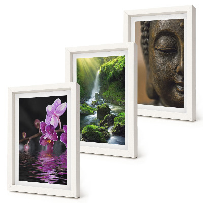 Trittico incorniciato Fiori nella cascata d'acqua con rocce verdi Buddha