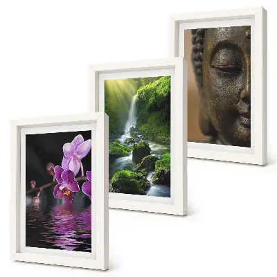 Trittico incorniciato raffigurante fiori nella cascata d'acqua con rocce verdi e Buddha