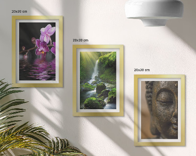 Trittico incorniciato Fiori nella cascata d'acqua con rocce verdi Buddha