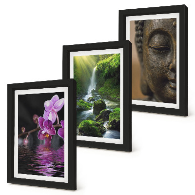 Trittico incorniciato Fiori nella cascata d'acqua con rocce verdi Buddha