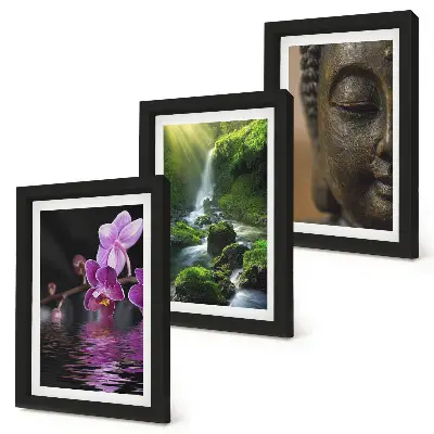 Trittico incorniciato raffigurante fiori nella cascata d'acqua con rocce verdi e Buddha