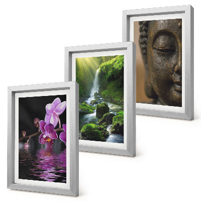 Trittico incorniciato Fiori nella cascata d'acqua con rocce verdi Buddha