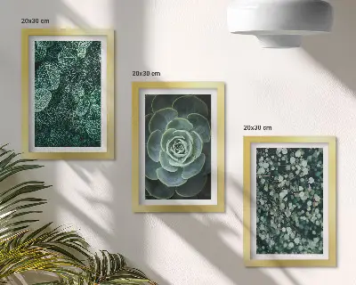 Trittico incorniciato con foglie verdi di piante succulente e rametti delicati