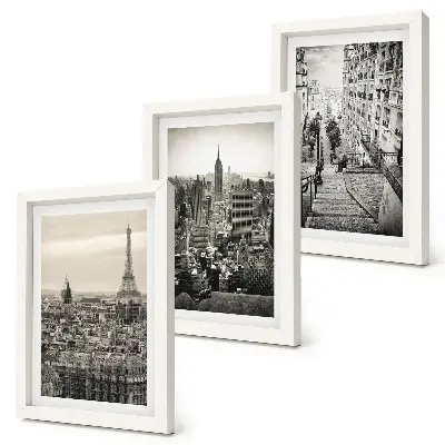 Composizione di 3 quadri con panorami delle città di Parigi e New York e scalinate suggestive