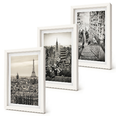 Composizione di 3 quadri Panorami della città di Parigi e New York e scalinate suggestive