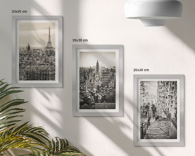 Composizione di 3 quadri Panorami della città di Parigi e New York e scalinate suggestive