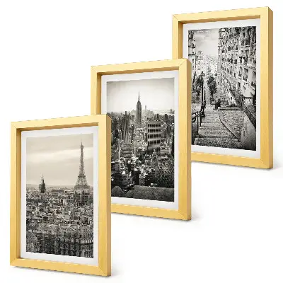 Composizione di 3 quadri con panorami delle città di Parigi e New York e scalinate suggestive