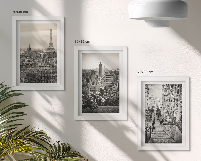 Composizione di 3 quadri Panorami della città di Parigi e New York e scalinate suggestive
