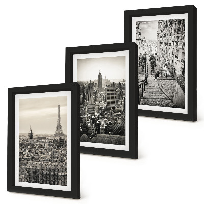 Composizione di 3 quadri Panorami della città di Parigi e New York e scalinate suggestive