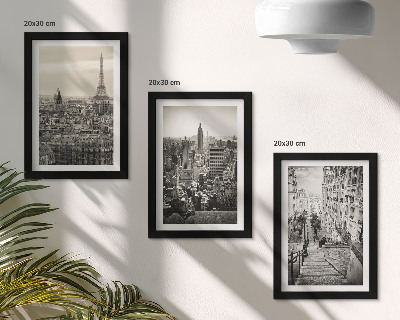 Composizione di 3 quadri Panorami della città di Parigi e New York e scalinate suggestive