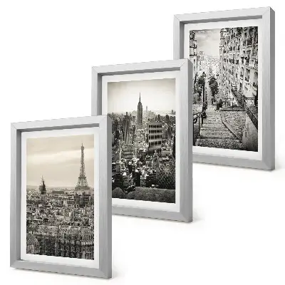 Composizione di 3 quadri con panorami delle città di Parigi e New York e scalinate suggestive
