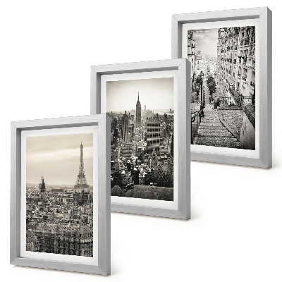 Composizione di 3 quadri Panorami della città di Parigi e New York e scalinate suggestive