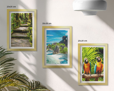 Trittico incorniciato Foresta tropicale con cascata e pappagalli colorati