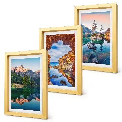 Composizione di 3 quadri con laghi di montagna e riflessi tra rocce e acqua