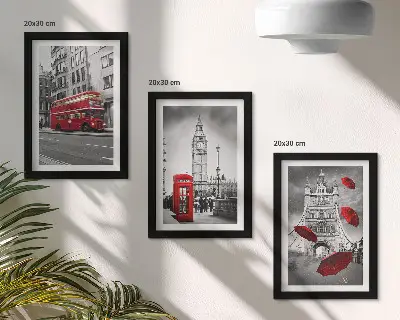 Trittico incorniciato con dettagli rossi ed edifici iconici di Londra