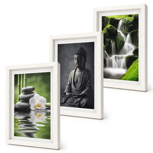 Trittico incorniciato con dipinti zen rilassanti di acqua, pietre e Buddha