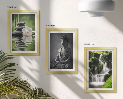 Trittico incorniciato con dipinti zen rilassanti di acqua, pietre e Buddha