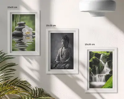 Trittico incorniciato con dipinti zen rilassanti di acqua, pietre e Buddha