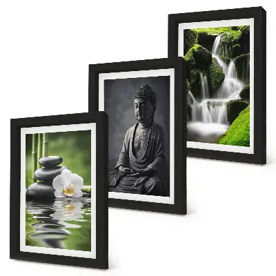 Trittico incorniciato con dipinti zen rilassanti di acqua, pietre e Buddha