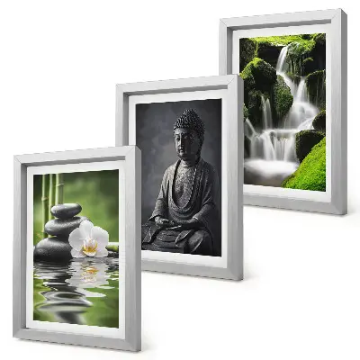 Trittico incorniciato con dipinti zen rilassanti di acqua, pietre e Buddha