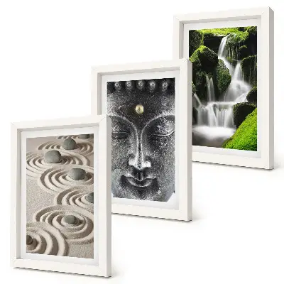 Composizione di 3 quadri con pietre, cascata e Buddha