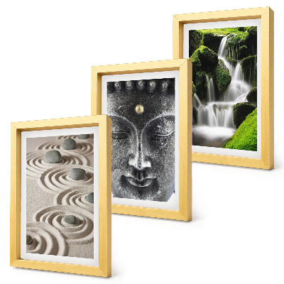 Composizione di 3 quadri La pace della natura con pietre, una cascata e Buddha