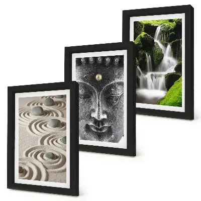 Composizione di 3 quadri con pietre, cascata e Buddha