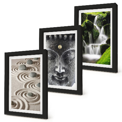 Composizione di 3 quadri La pace della natura con pietre, una cascata e Buddha