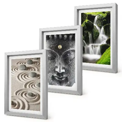 Composizione di 3 quadri con pietre, cascata e Buddha