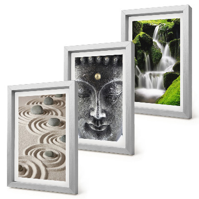 Composizione di 3 quadri La pace della natura con pietre, una cascata e Buddha