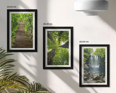 Composizione di 3 quadri con sentiero nel bosco, cascata e vegetazione rigogliosa