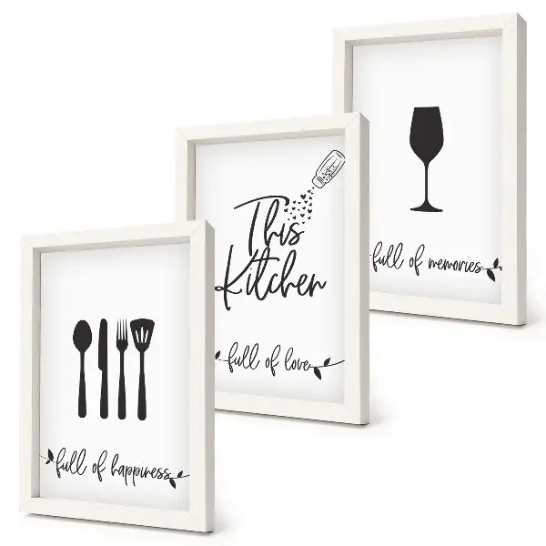 Trittico incorniciato con modelli di utensili da cucina e iscrizioni decorative