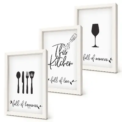 Trittico incorniciato con modelli di utensili da cucina e iscrizioni decorative