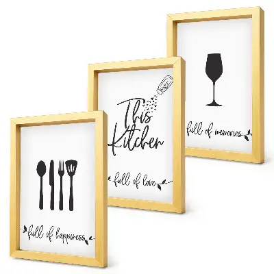 Trittico incorniciato con modelli di utensili da cucina e iscrizioni decorative
