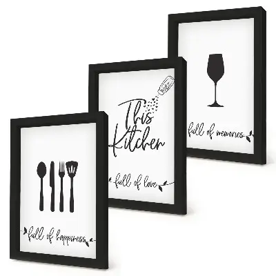 Trittico incorniciato con modelli di utensili da cucina e iscrizioni decorative