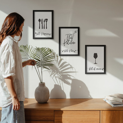 Trittico incorniciato Modelli di utensili da cucina con iscrizioni per la cucina