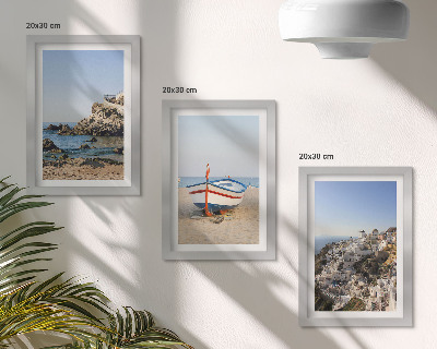 Composizione di 3 quadri Panorami marini con barca e case bianche in Grecia