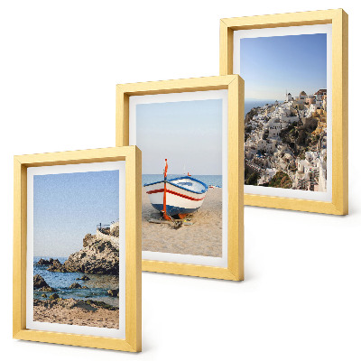 Composizione di 3 quadri Panorami marini con barca e case bianche in Grecia