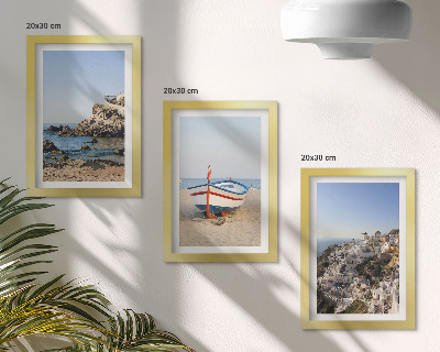 Composizione di 3 quadri Panorami marini con barca e case bianche in Grecia