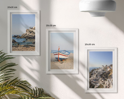 Composizione di 3 quadri Panorami marini con barca e case bianche in Grecia