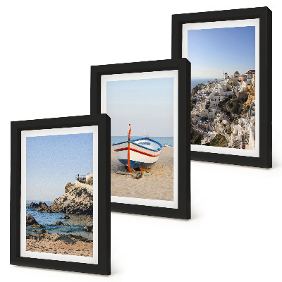 Composizione di 3 quadri Panorami marini con barca e case bianche in Grecia