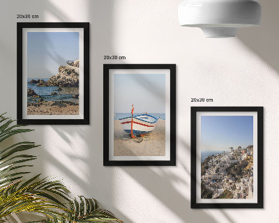 Composizione di 3 quadri Panorami marini con barca e case bianche in Grecia